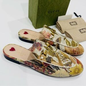 GUCCI Princetown GG Supreme H2O Floral Mules Slides Slipper Size 40.5 Beige NEW
